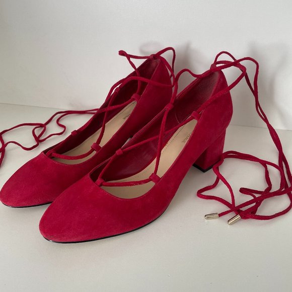 SAKS FIFTH AVENUE Cherry Red Lace Up Pumps w Short Wide Heels Sz 8.5 - Picture 1 of 8